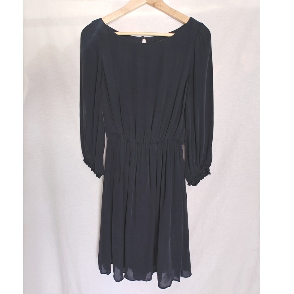 Alice + Olivia Silk Dress Navy Blue 3/4 Sleeve Elastic Waist Employee Bergdorf S